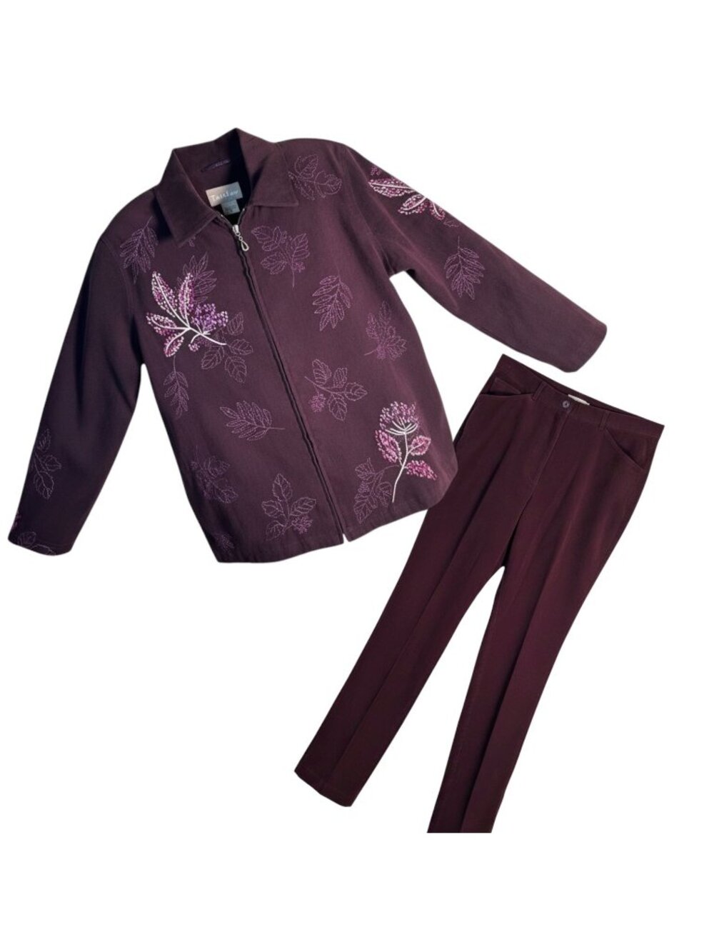 VTG TanJay Womens Plum Purple Pant Suit Set Embroidered Floral Suede Sz 8 and 10